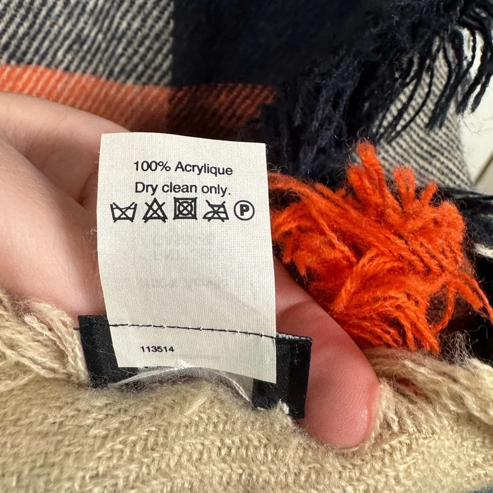 Madewell Checkered Plaid Fringe Blanket Scarf Large Orange Navy Tan